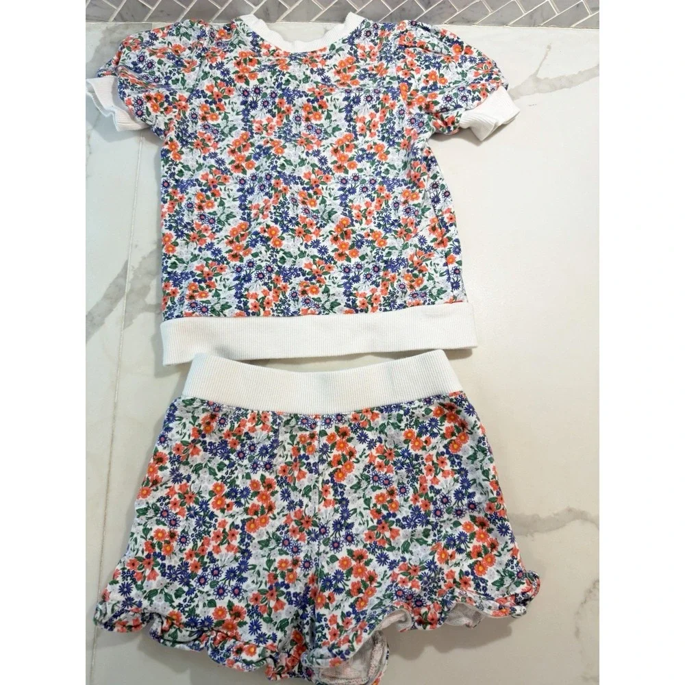 Janie And Jack Floral Set Girls Sz 4 Short Sleeve Preppy Tennis Ruffle Summer